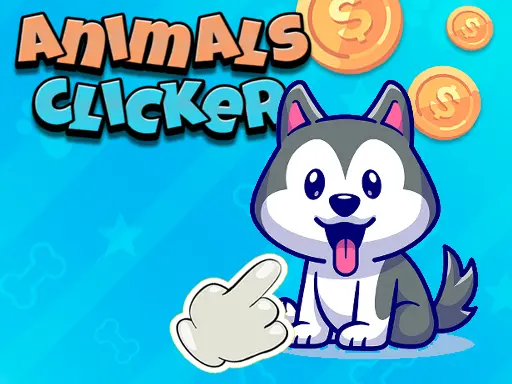 Cachorrinho fofo da raça Husky sentado e sorrindo, com moedas douradas flutuando ao redor e o logo do jogo "Animals Clicker" acima.
